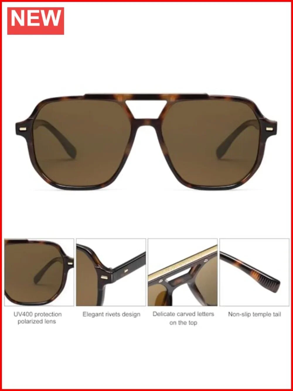 Retro Trendy Aviator Polarized Sunglasses Square Frame UV400 Protection